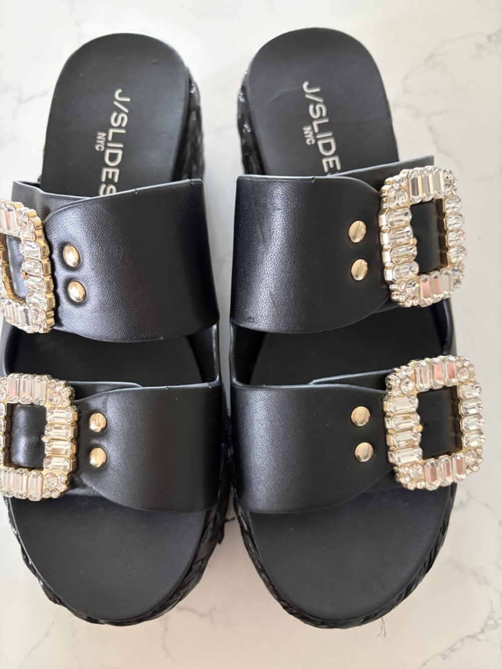 J/SLIDES Black Crystal Buckle Double-Strap Slide Mules